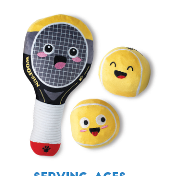 Woofsun tennis racket and two tennis ball dog toys with happy faces