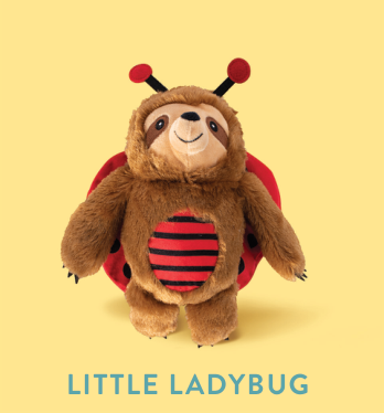 Little Ladybug plush toy, a brown sloth wearing a red ladybug costume with black spots and antennae