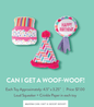 Can I Get a Woof-Woof dog toy set with a cake, party hat, and Happy Birthday badge