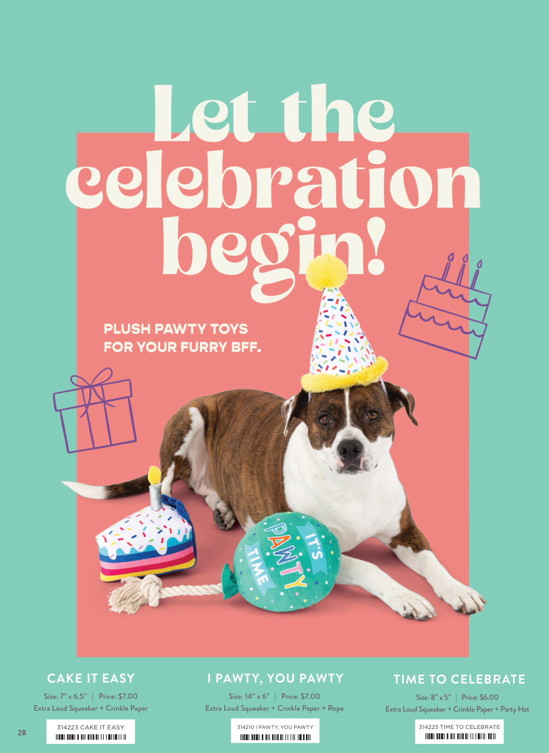 A dog wearing a party hat, with a cake toy and a balloon toy