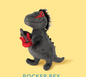 Rocker Rex plush toy, a dark grey dinosaur with red markings and a red guitar
