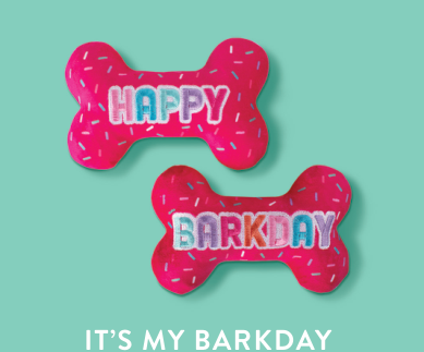 Fringe Studio It's My Barkday Plush Dog Toy, two pink bone-shaped toys with sprinkles and text