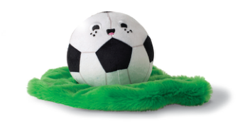 Fringe Studio JUST KICK IT PLUSH DOG TOY, a plush soccer ball with a smiling face on green faux grass
