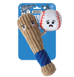 Fringe Studio Batter Up Plush Dog Toy with a baseball bat and baseball
