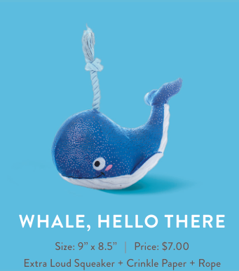 Whale, Hello There dog toy, a blue whale with white belly and rope coming from its back