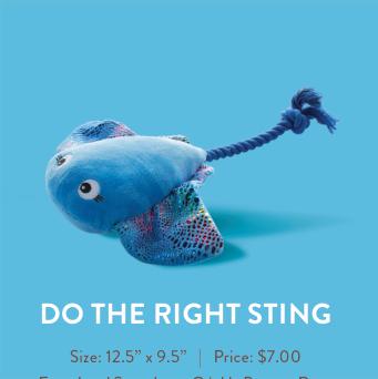 Blue plush stingray dog toy with a braided rope tail