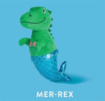 Fringe Studio MER-REX PLUSH DOG TOY, a green dinosaur with a blue mermaid tail