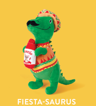 Fringe Studio FIESTA SAURUS PLUSH DOG TOY, green dinosaur with mustache, sombrero, and hot sauce bottle