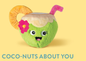 Green coconut plush toy with a pink flower, straw, and pineapple slice