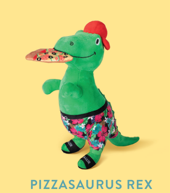 Pizzasaurus Rex plush toy, a green dinosaur wearing floral swim trunks and a red hat, holding a pizza slice