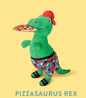 Pizzasaurus Rex plush toy, a green dinosaur wearing floral swim trunks and a red hat, holding a pizza slice