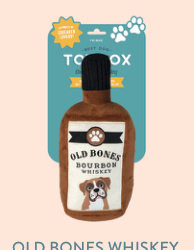Old Bones Bourbon Whiskey dog toy, shaped like a whiskey bottle with a boxer dog on the label