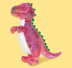 Pink dinosaur plush toy with green spikes on its back