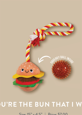 Hamburger dog toy with a red, yellow, and white rope, and a spiky squeaky ball