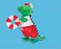 Green dinosaur plush toy wearing a lifeguard outfit and holding a red and white life preserver