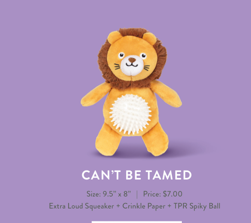 Fringe Studio CANT BE TAMED PLUSH DOG TOY, a plush lion with a white spiky ball on its belly