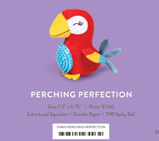Perching Perfection parrot toy with a red body, yellow beak, blue spiky chest, and blue and yellow wings