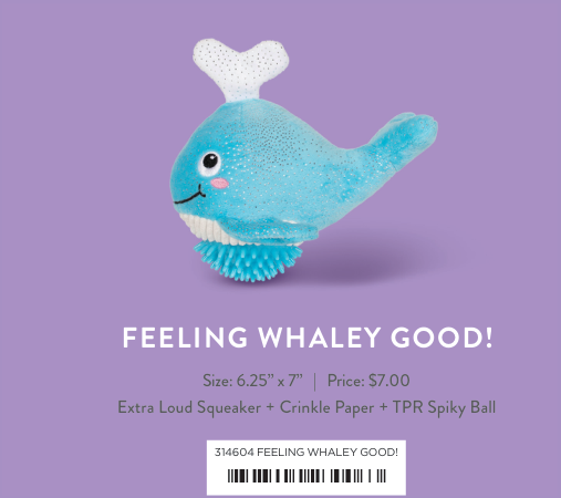 Feeling Whaley Good dog toy, a blue whale with a white spout and a spiky blue ball on its underside