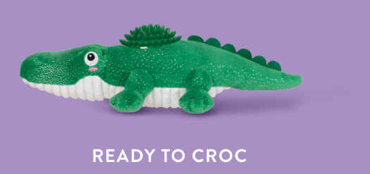 Fringe Studio READY TO CROC PLUSH DOG TOY, a green crocodile plush toy with a spiky green back