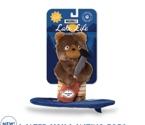 Wagsdale Lake Life bear dog toy on a blue surfboard