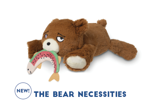 Fringe Studio THE BEAR NECESSITIES PLUSH DOG TOY, a brown bear plush toy holding a rainbow trout fish