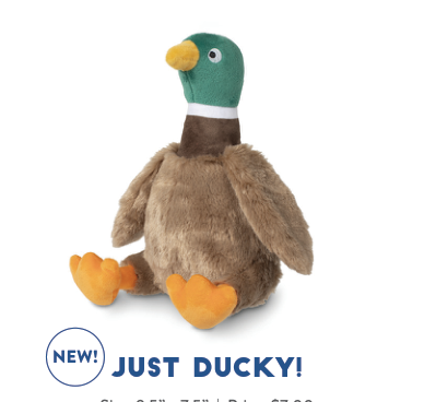 Fringe Studio JUST DUCKY PLUSH DOG TOY, a brown plush duck with a green head and orange beak and feet