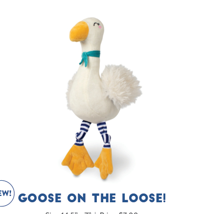 Goose on the Loose plush toy with a teal bow, striped legs, and orange webbed feet