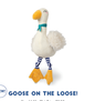 Goose on the Loose plush toy with a teal bow, striped legs, and orange webbed feet