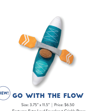 Go With The Flow dog toy, a teal kayak with orange paddles and a brown seat