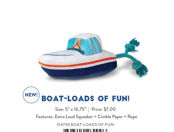 Boat-Loads of Fun dog toy, a plush boat with a dog driving and a blue rope attached
