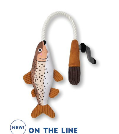 Plush fish toy with a rope handle and a fishing reel accent
