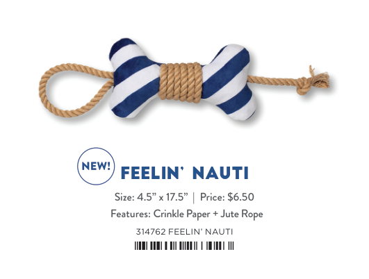 Fringe Studio FEELING NAUTICAL PLUSH DOG TOY, a bone-shaped toy with blue and white stripes and jute rope