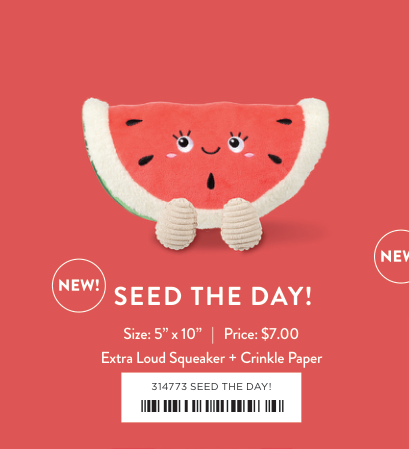 Seed the Day watermelon plush toy with a happy face, black seeds, and two small feet