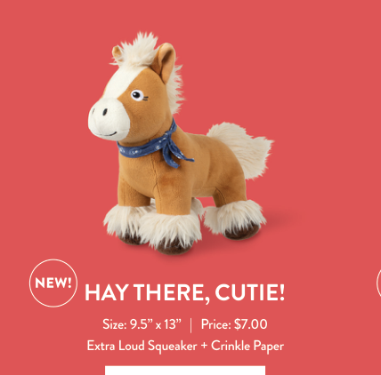 Fringe Studio HAY THERE CUTIE PLUSH DOG TOY, a brown plush horse with a white mane and tail, and a blue bandana