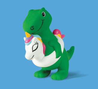 Green dinosaur with a white unicorn floatie around its waist