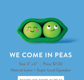 We Come In Peas dog toy, two green peas in a pod with faces
