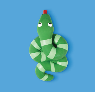 Fringe Studio Knotty By Nature Latex Dog Toy, a green snake with light green stripes and a red tongue