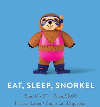 Fringe Studio EAT SLEEP SNORKEL LATEX DOG TOY, a sloth wearing a pink bikini and snorkel gear