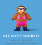 Fringe Studio EAT SLEEP SNORKEL LATEX DOG TOY, a sloth wearing a pink bikini and snorkel gear