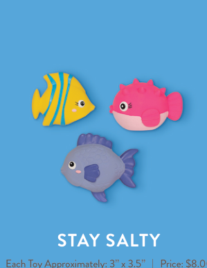 Three fish bath toys: yellow and blue striped fish, pink pufferfish, and purple and grey fish