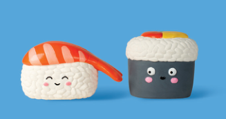Two cute sushi toys, one nigiri and one maki roll, with smiling faces on a blue background