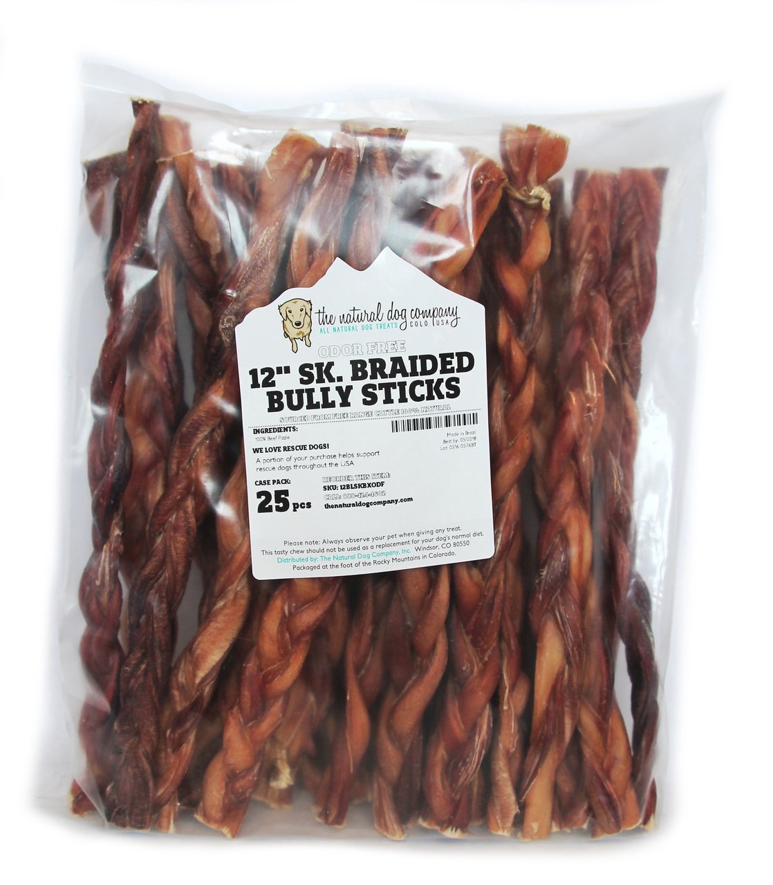 12" Standard Braided Bully Sticks - Odor Free (Bulk) - Pack of 25