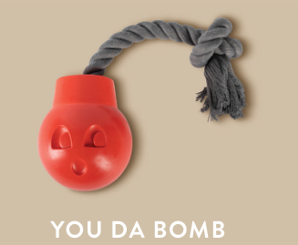 Red bomb-shaped dog toy with a grey rope fuse