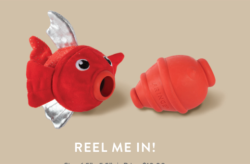 Fringe Studio REEL ME IN RUBBER W/PLUSH DOG TOY, a red plush fish and a red rubber toy