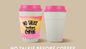 Two white coffee cups with pink lids, one with a colorful sleeve that says No Talkie Before Coffee