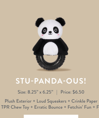 Stu-Panda-Ous dog toy, a plush panda top with a black textured ring for chewing