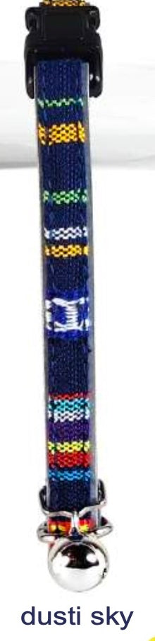 Goli Design Tapestri Reflective cat collar in blue with multicolored woven pattern and silver bell