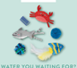 Assortment of cat toys including a red crab, blue fish, grey shark, blue spring, blue pom-pom, and crinkle ball