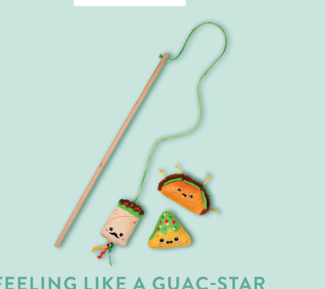 Burrito, taco, and tortilla chip cat toys with faces, one attached to a wand