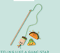 Burrito, taco, and tortilla chip cat toys with faces, one attached to a wand